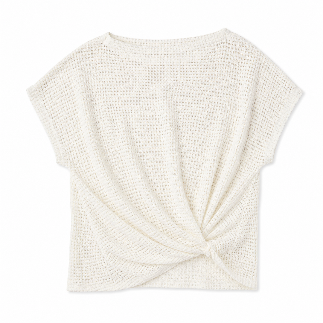 An off-white waffle-knit short-sleeve top with a twisted knot detail at the front hem, displayed flat against a white background.