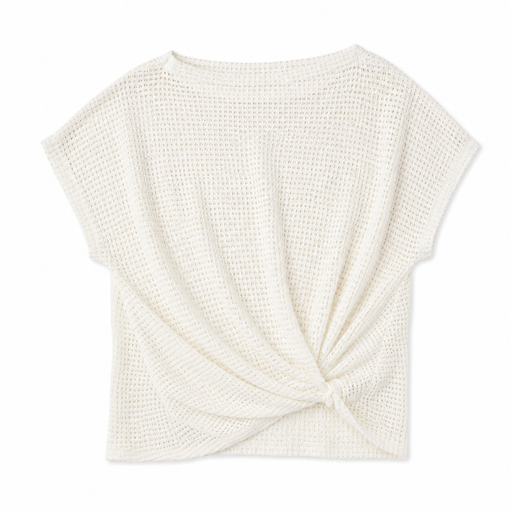 An off-white waffle-knit short-sleeve top with a twisted knot detail at the front hem, displayed flat against a white background.