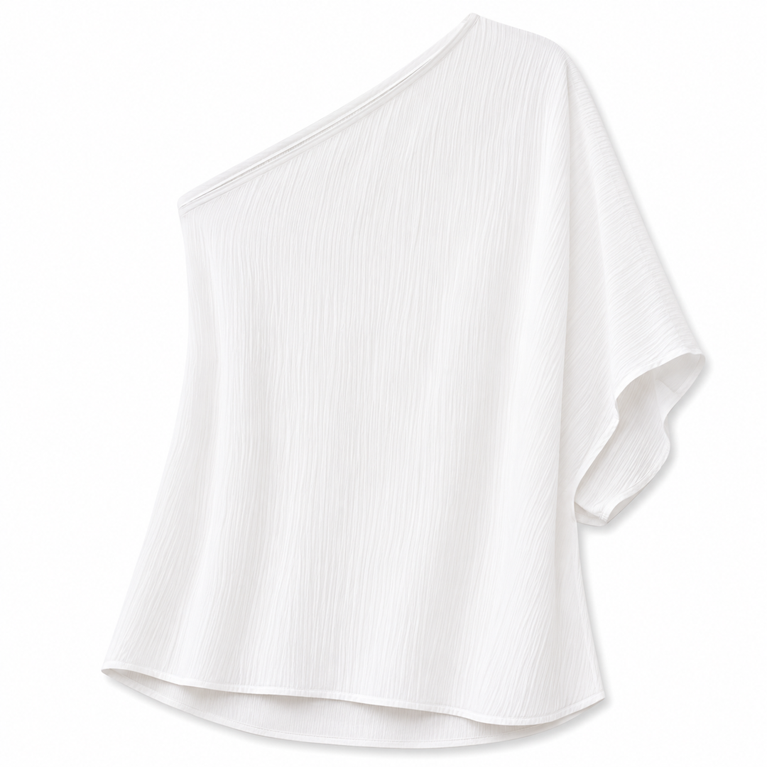 White one-shoulder top on a white background