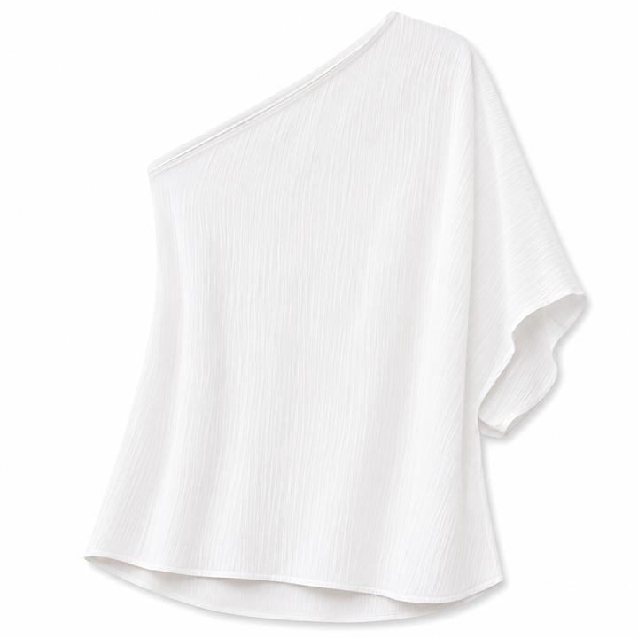 White one-shoulder top on a white background