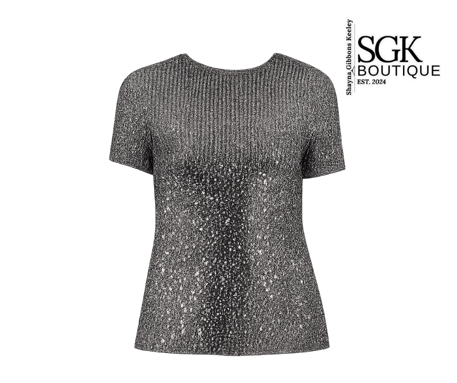 Black and silver sequin top on a white background with SGK Boutique logo.