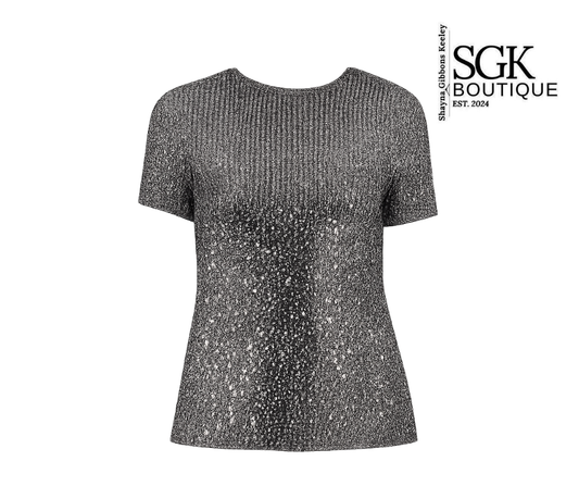 Black and silver sequin top on a white background with SGK Boutique logo.