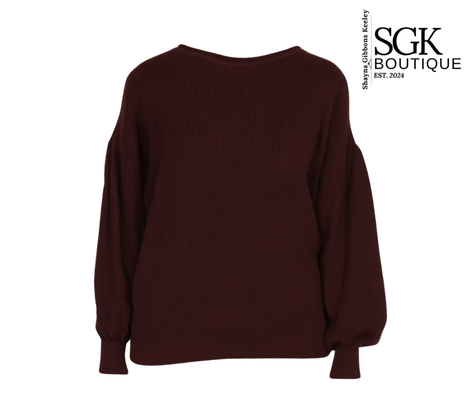 Wine sweater on a white background with SGK Boutique logo.