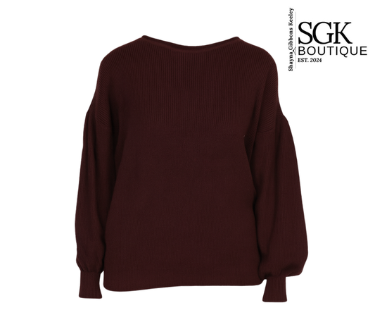 Wine sweater on a white background with SGK Boutique logo.
