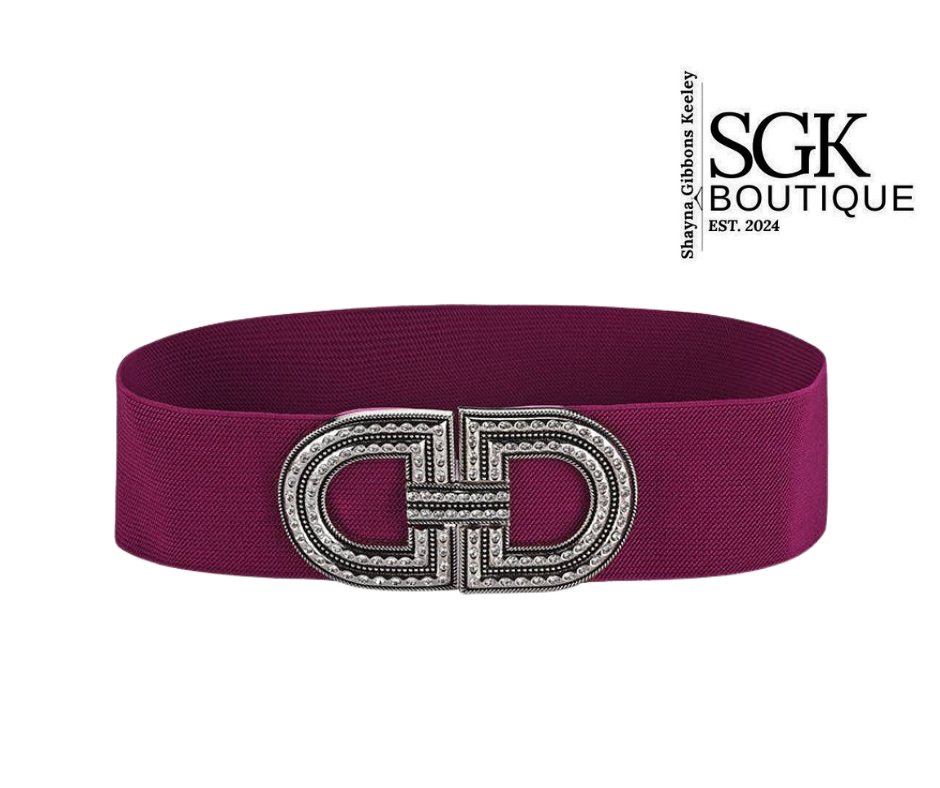 Wine belt with a silver buckle on a white background, featuring the SGK Boutique logo.