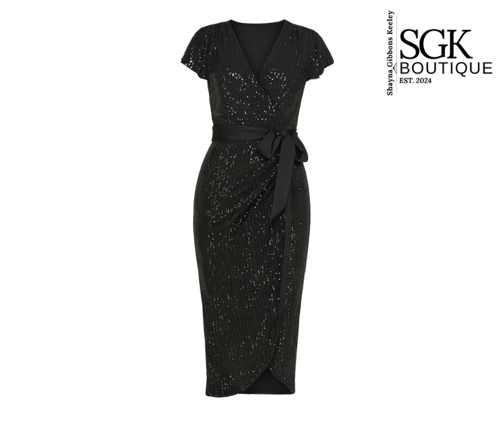 Black sequin dress with a belt on a white background, featuring the SGK Boutique logo.