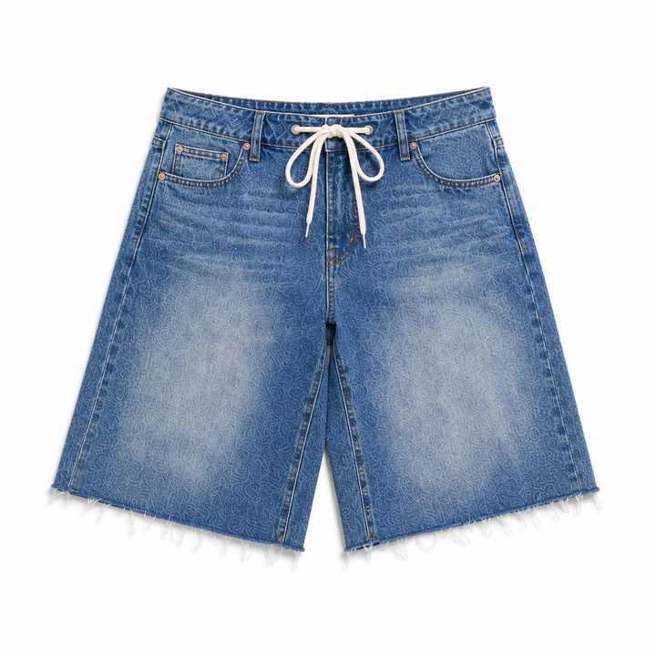Blue denim shorts with a drawstring on a white background