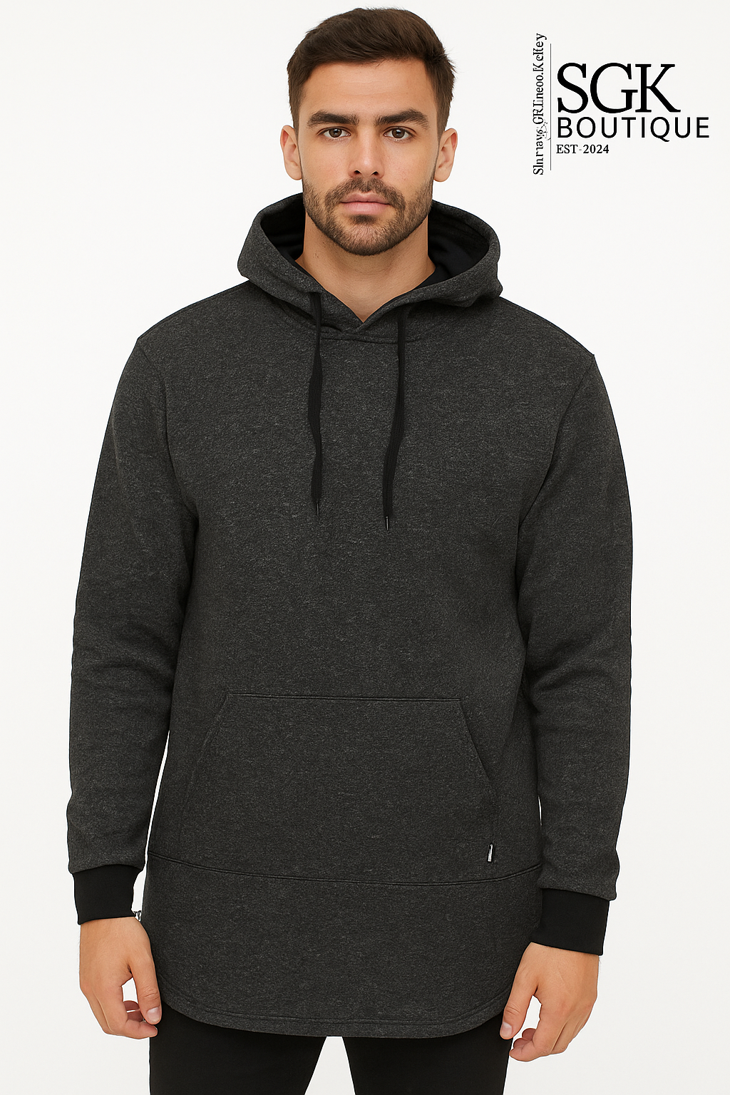 Man wearing a dark gray hoodie with SGK Boutique branding on a white background