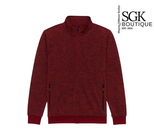 Red zip-up sweatshirt on a white background with SGK Boutique logo.