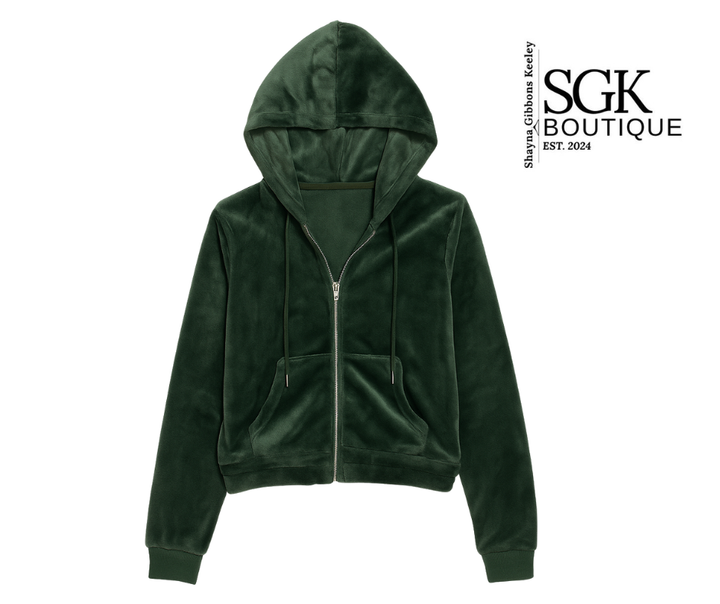 Green hoodie on a white background with SGK Boutique branding.