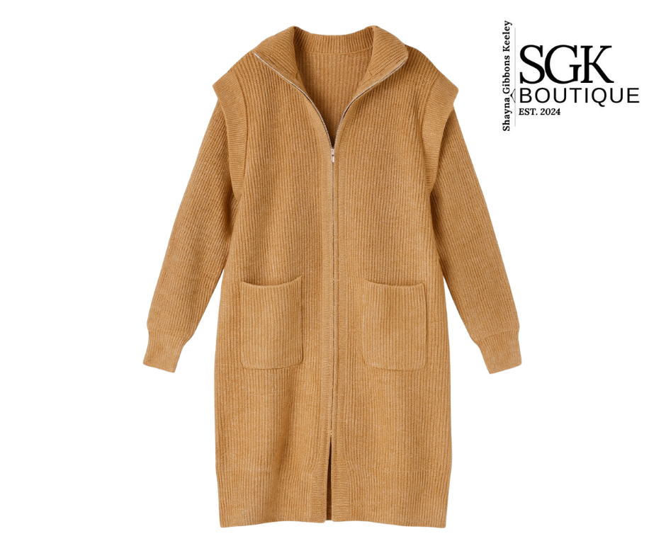 Brown zip-up cardigan with pockets on a white background, featuring SGK Boutique logo.