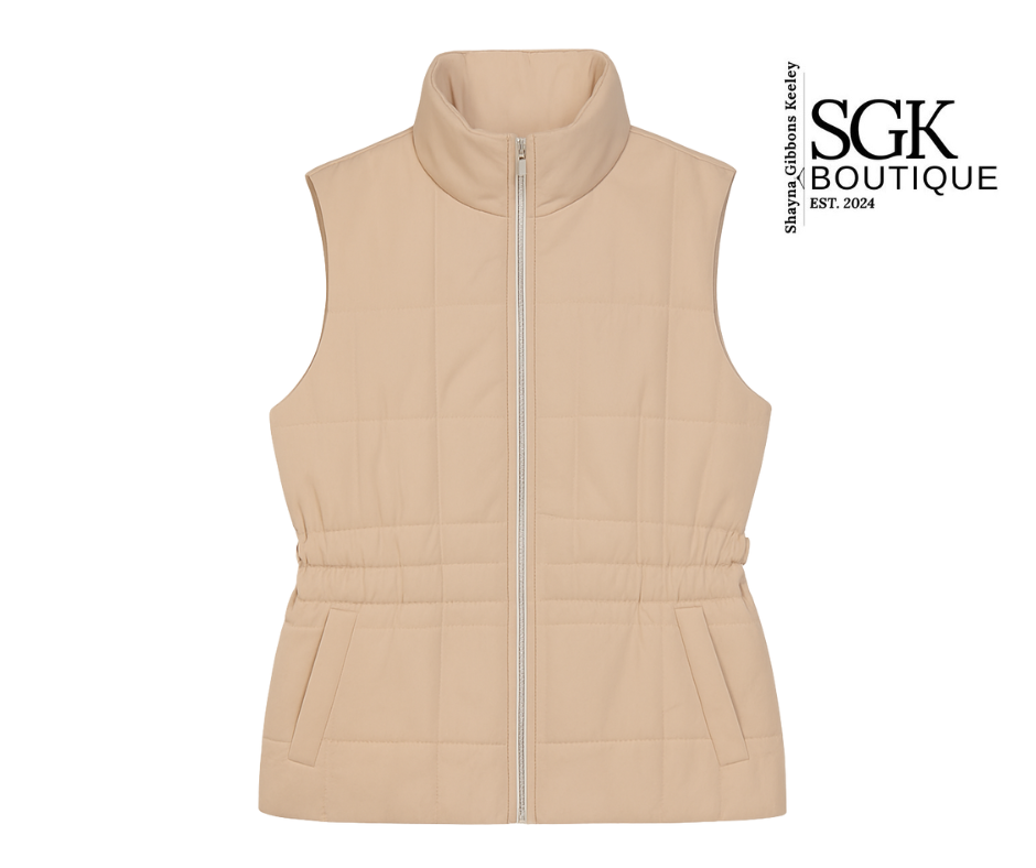 Beige vest with a zipper on a white background, featuring the SGK Boutique logo.