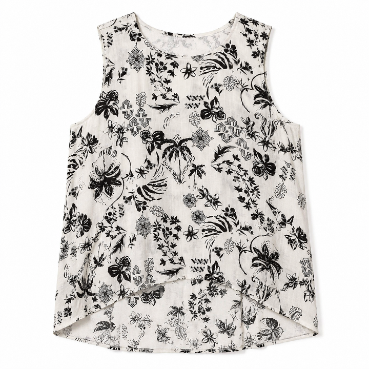 White sleeveless top with black floral pattern on a white background