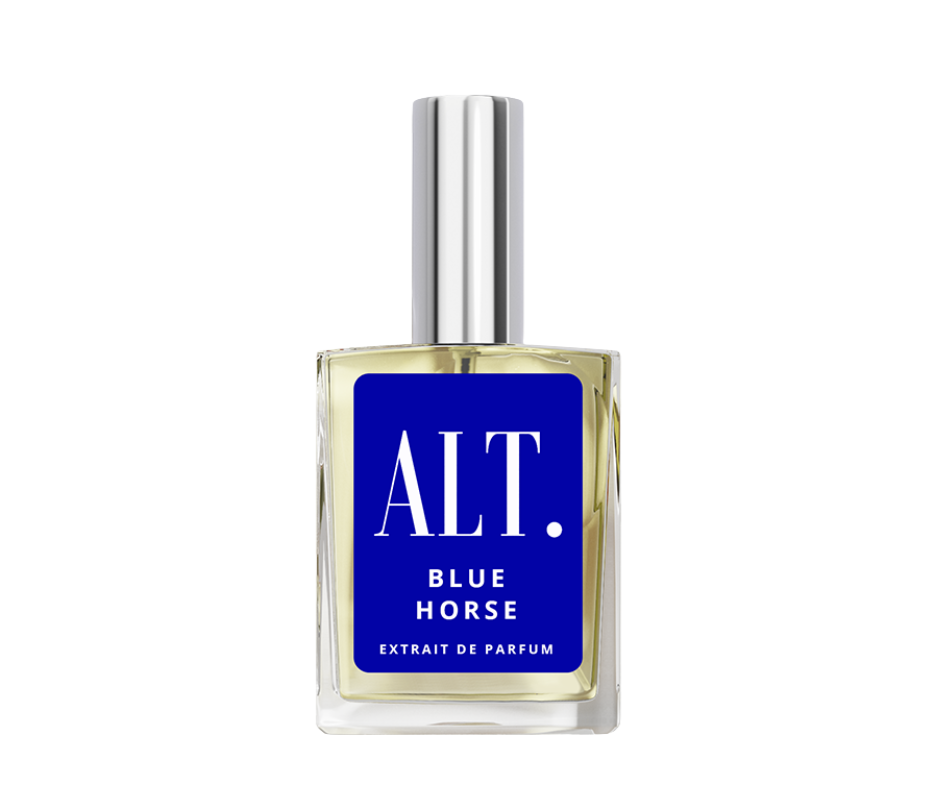 Perfume bottle labeled 'Blue Horse' by 'ALT.' on a white background