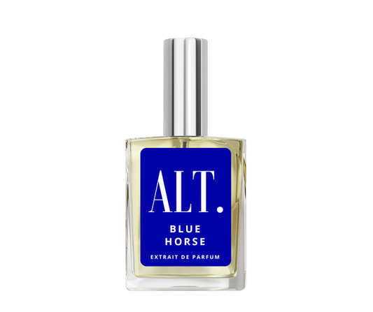 Perfume bottle labeled 'Blue Horse' by 'ALT.' on a white background