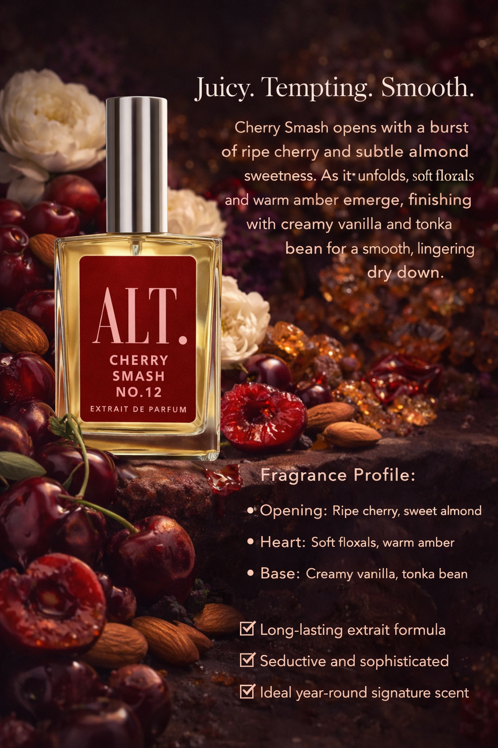 Cherry Smash No. 12 perfume bottle with cherry and almond ingredients on a dark background