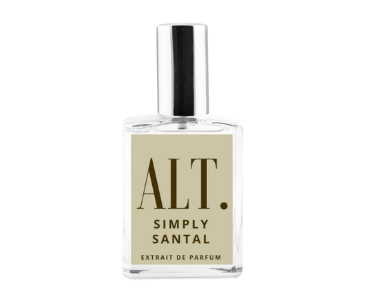 Perfume bottle labeled 'ALT. Simply Santal' on a white background