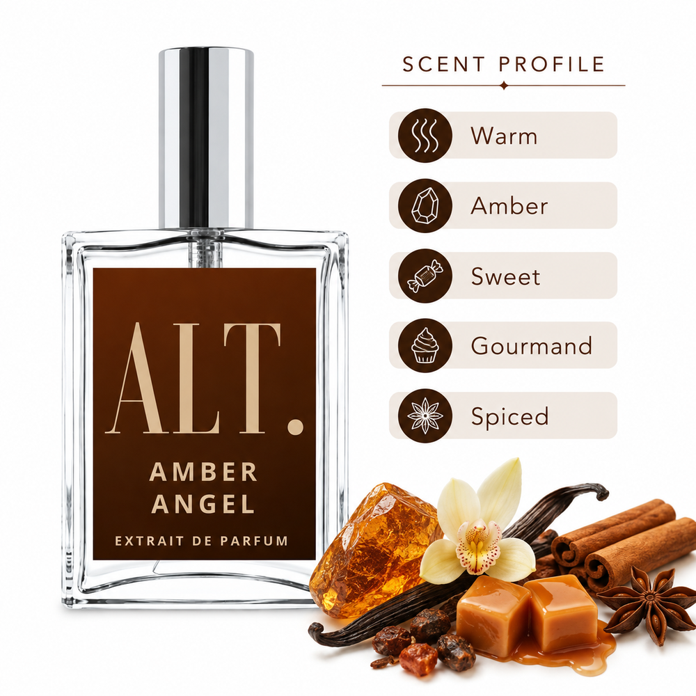 A clear rectangular perfume bottle labeled ALT. Amber Angel Extrait de Parfum with a brown label and silver cap, shown beside a scent profile graphic listing Warm, Amber, Sweet, Gourmand, and Spiced, with amber crystals, vanilla, cinnamon, and caramel illustrations on a white background.