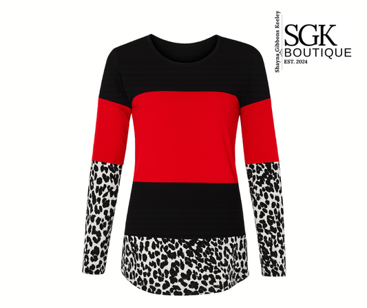 Black and red long-sleeve top with leopard print cuffs and hem on a white background, featuring SGK Boutique logo.
