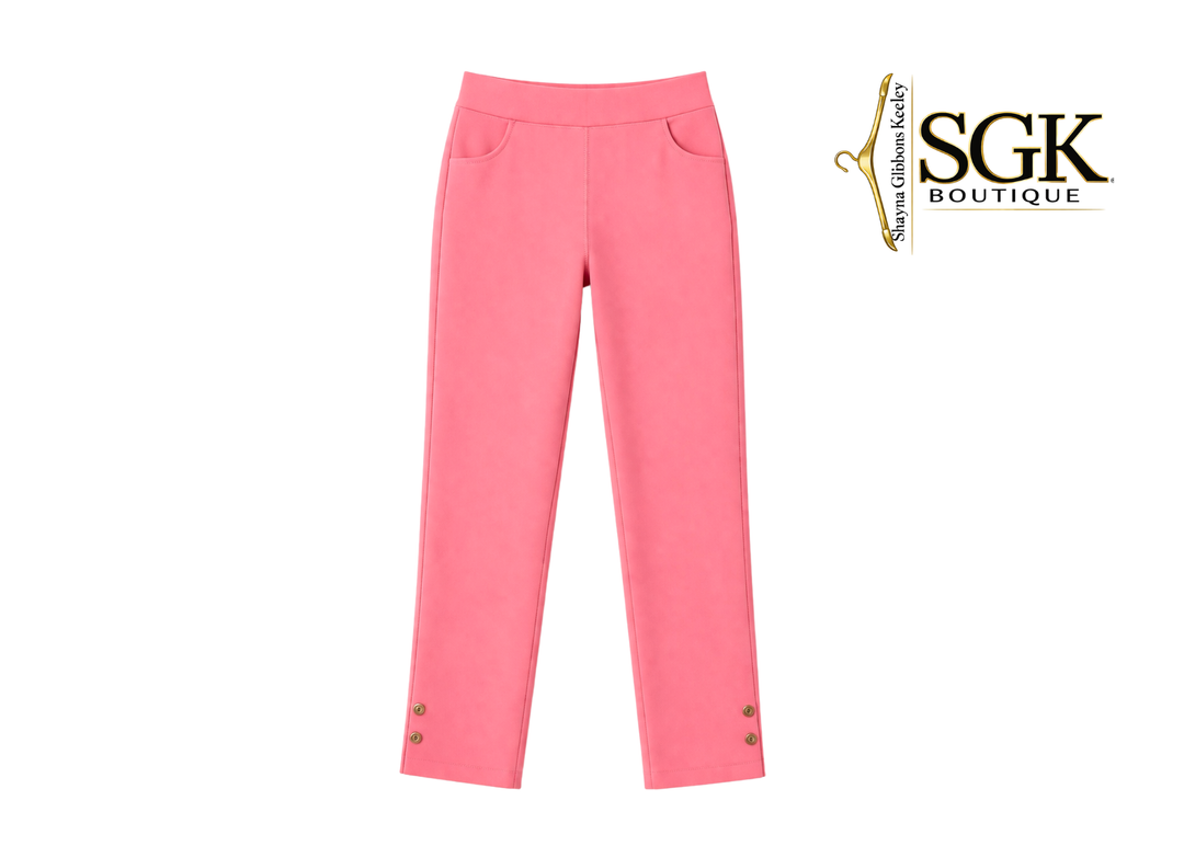 Pink pants with gold accents on a white background, featuring the SGK Boutique logo.