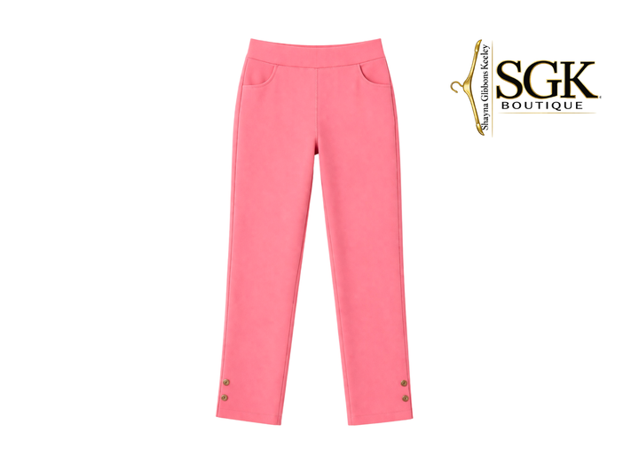 Pink pants with gold accents on a white background, featuring the SGK Boutique logo.