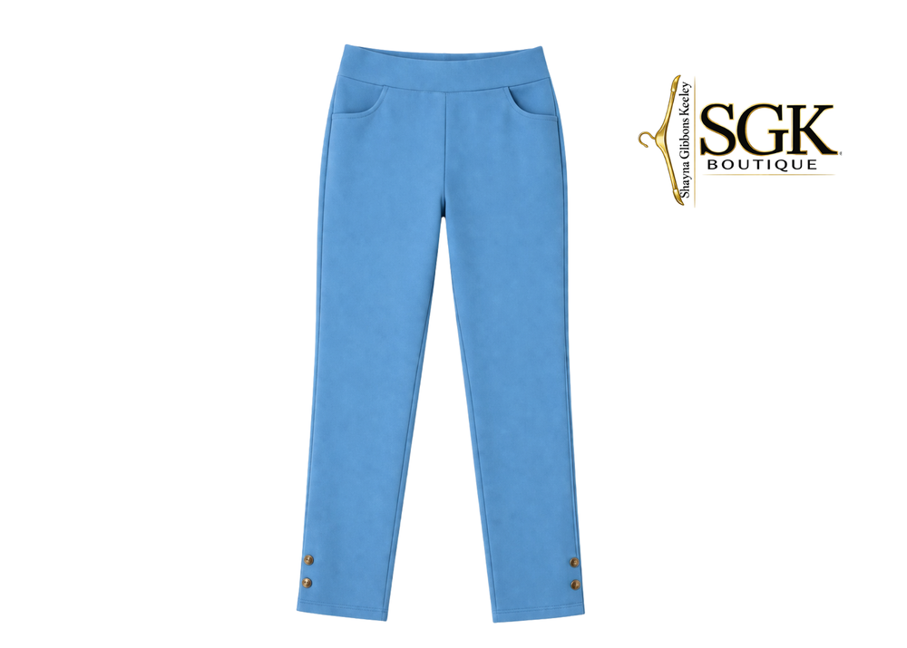 Blue pants with gold buttons on a white background, featuring the SGK Boutique logo.