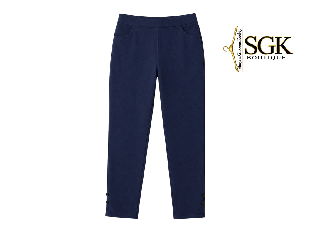 Navy blue pants on a white background with SGK Boutique logo.