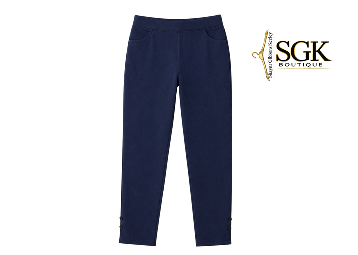 Navy blue pants on a white background with SGK Boutique logo.