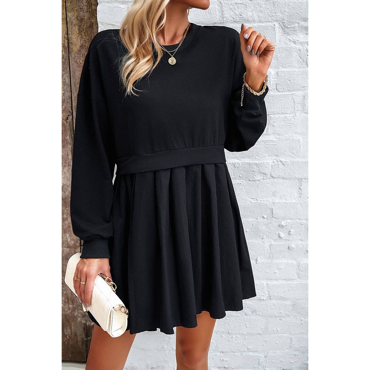 Solid Drop Shoulder Ruched Fit Patchwork Dress: