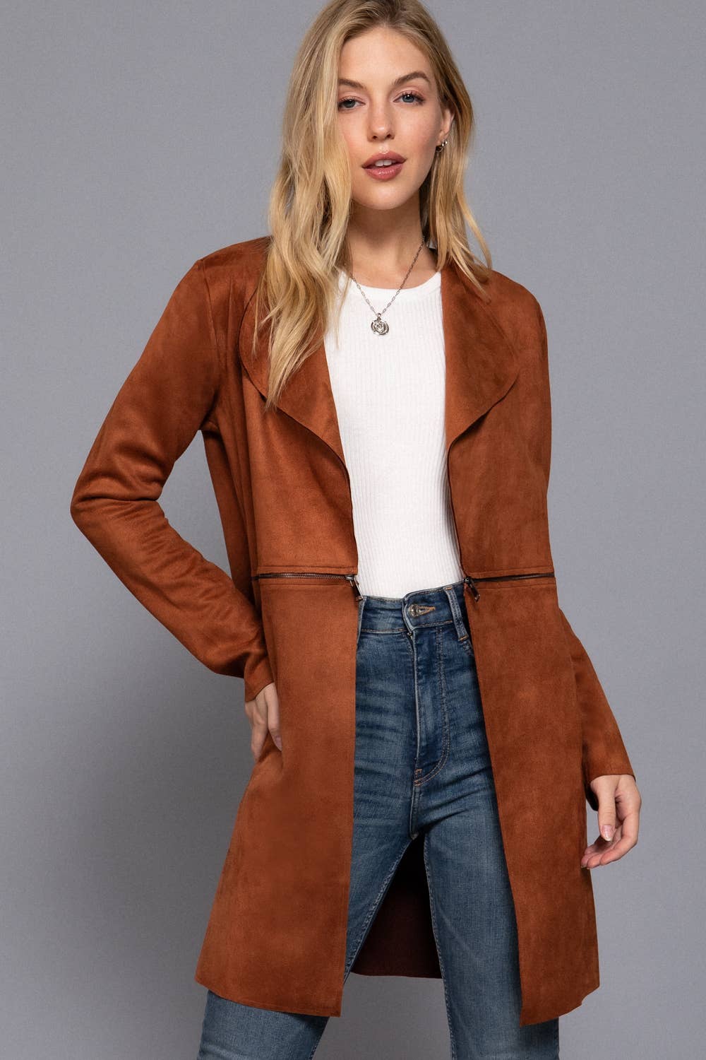 Two Zipper Front Detail Faux Suede Jacket