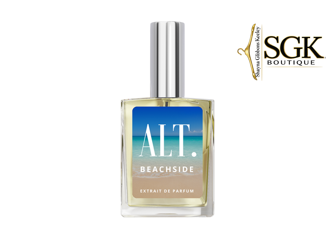 Perfume bottle labeled 'ALT. Beachside' with SGK Boutique logo on a white background