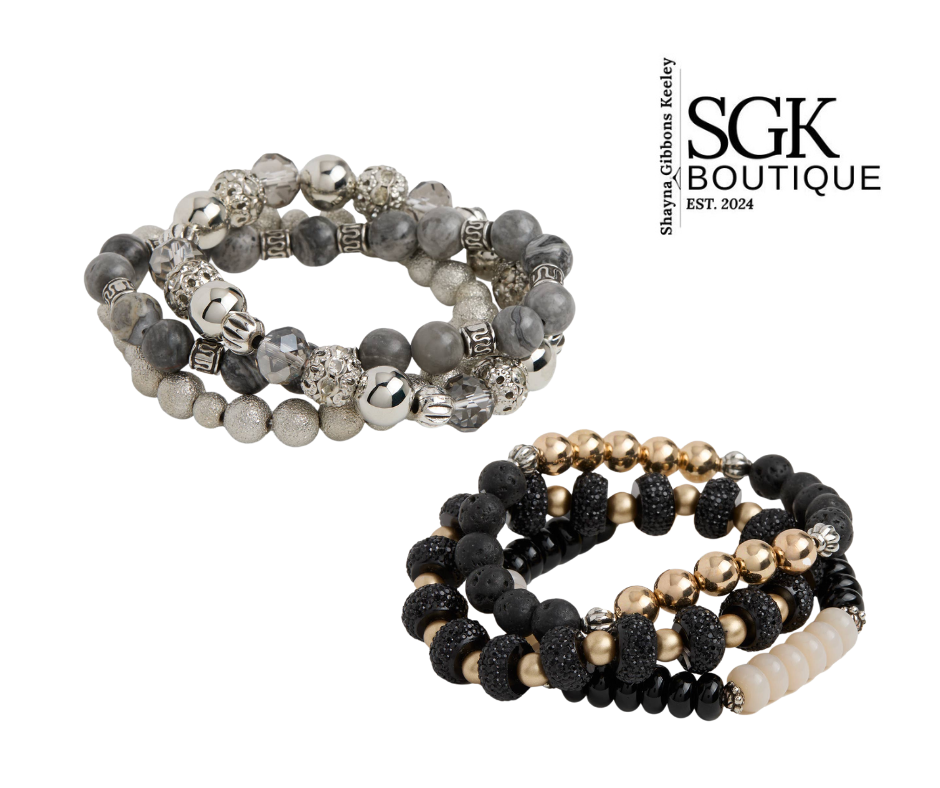 Set of beaded bracelets with different color schemes on a white background, featuring the SGK Boutique logo.
