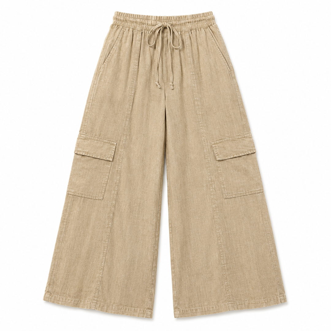 Beige wide-leg pants with pockets on a white background