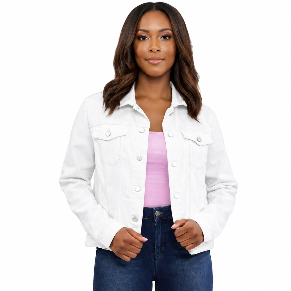 Woman wearing a white denim jacket over a pink top and blue jeans on a white background