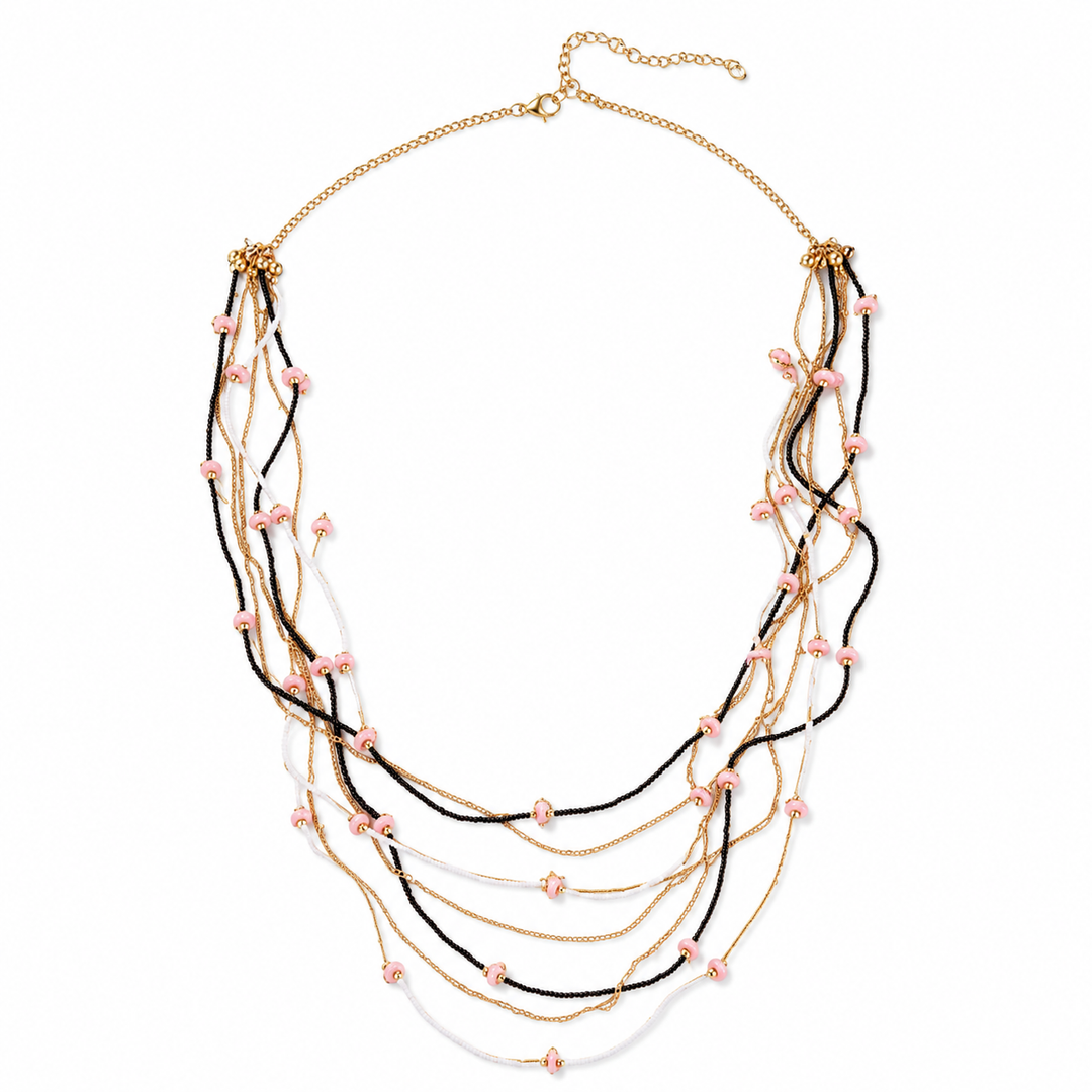 A multi-strand necklace featuring black cords, gold chains, and small light pink beads, displayed on a clean white background.