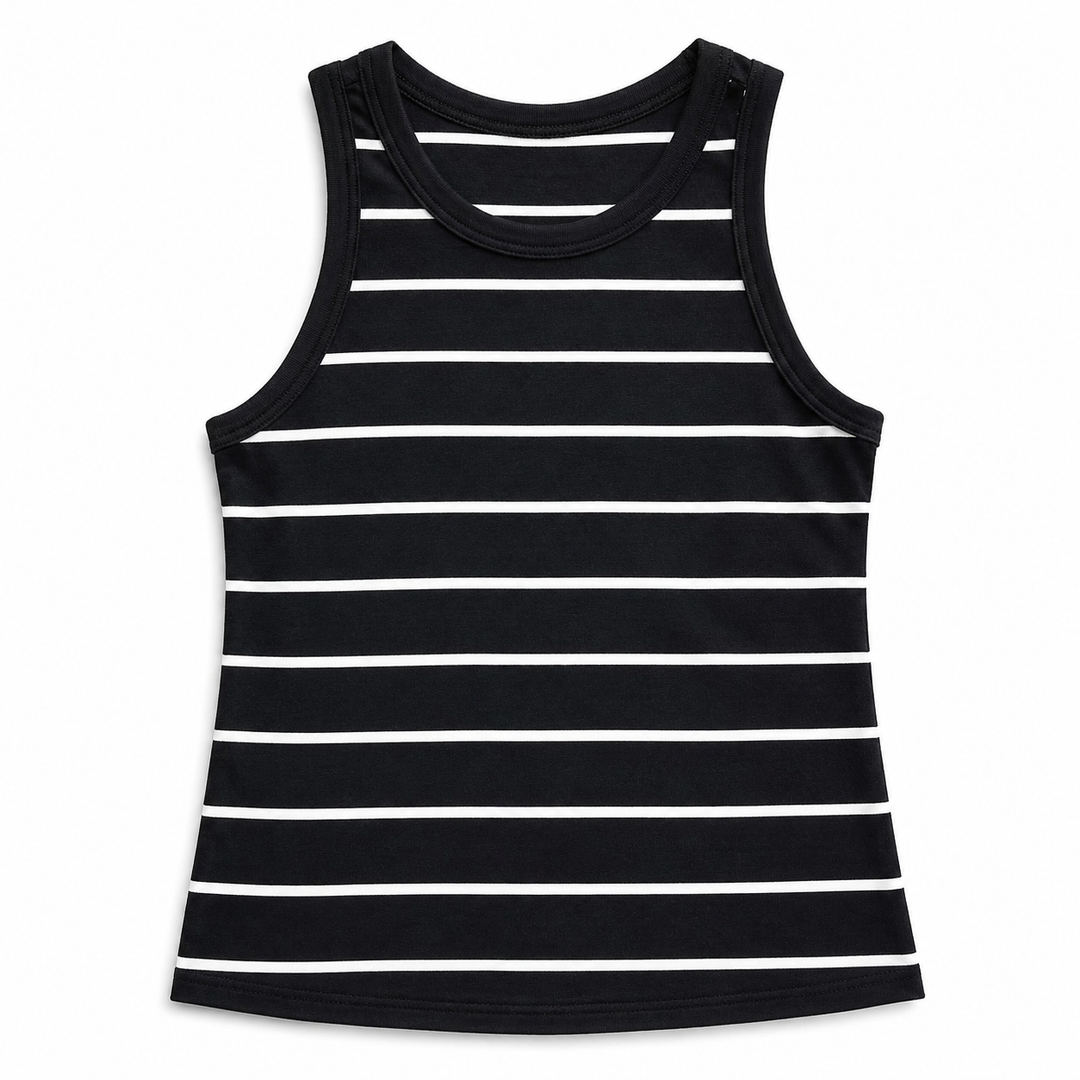 A sleeveless black tank top with horizontal white stripes, displayed flat against a plain white background.