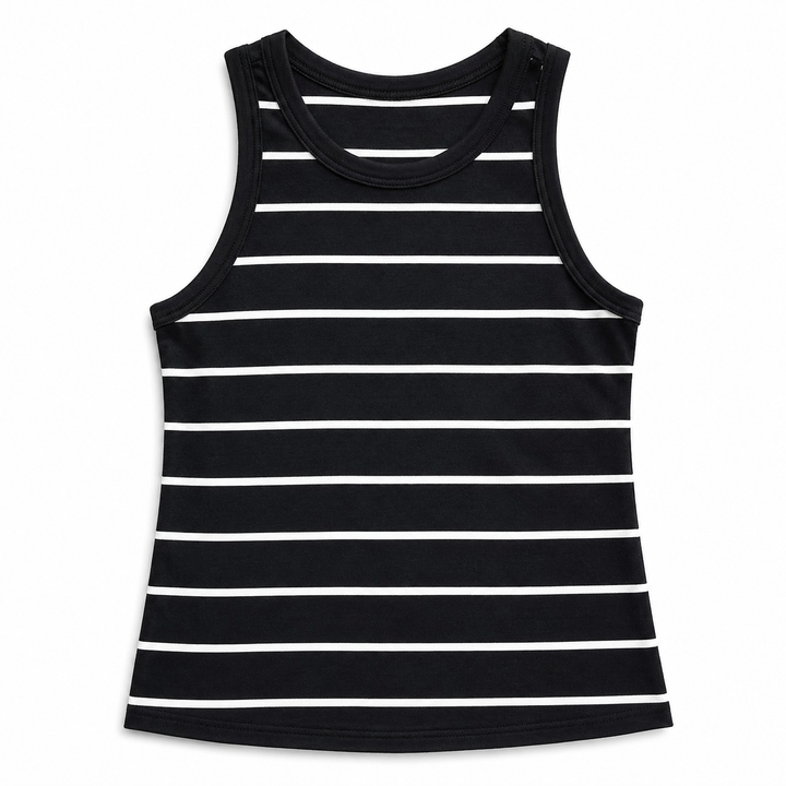 A sleeveless black tank top with horizontal white stripes, displayed flat against a plain white background.