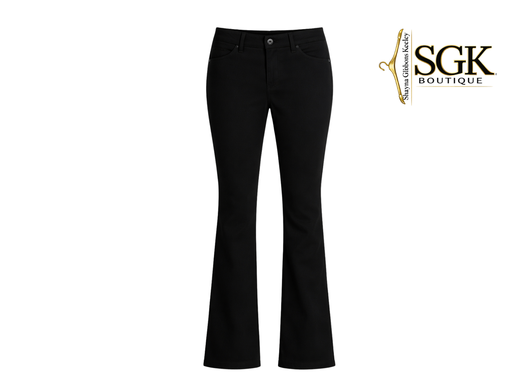 Black pants on a white background with SGK Boutique logo.