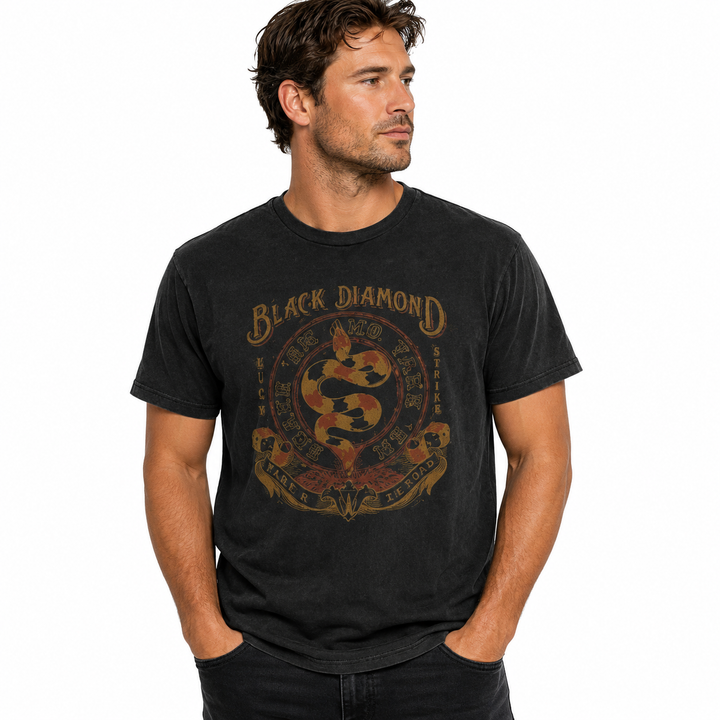Man wearing a black t-shirt with &