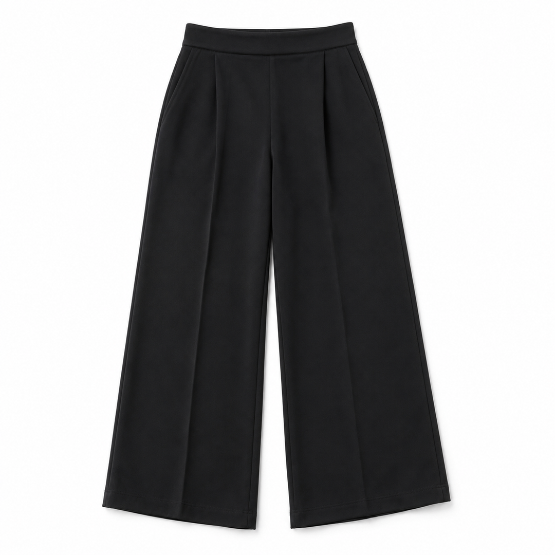 Black front pleat pants on a white background