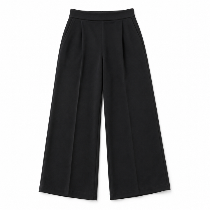 Black front pleat pants on a white background