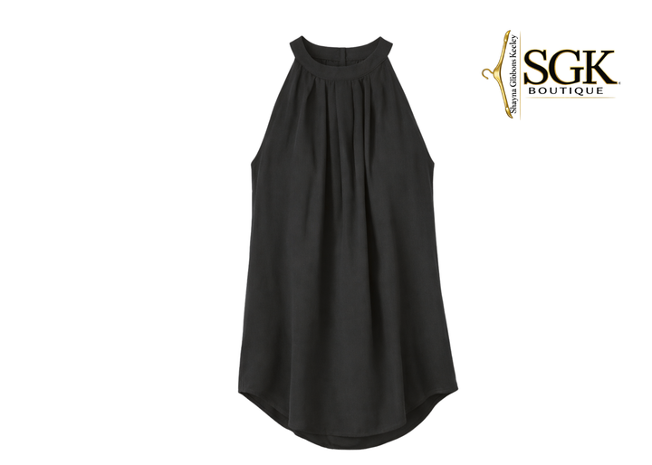 Black sleeveless dress on a white background with SGK Boutique logo.