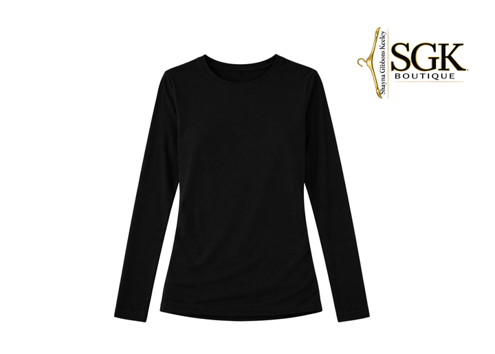 Black long-sleeve shirt on a white background with SGK Boutique logo.