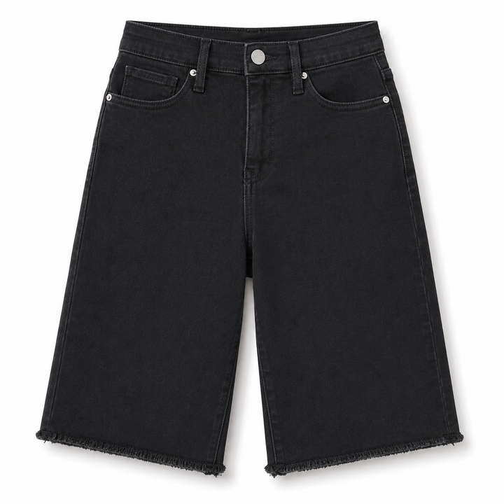 Black denim shorts on a white background