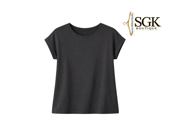Black t-shirt on a white background with SGK Boutique logo.