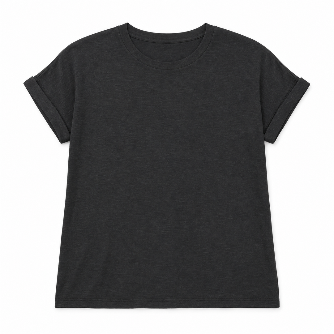 A black short-sleeve crewneck t-shirt with rolled cuffs, displayed flat against a solid white background.