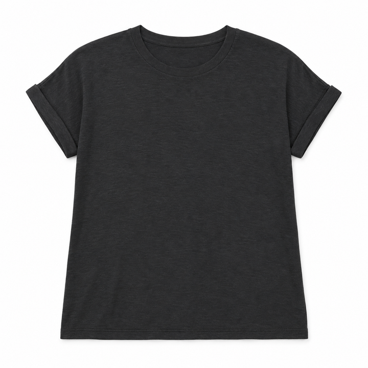 A black short-sleeve crewneck t-shirt with rolled cuffs, displayed flat against a solid white background.