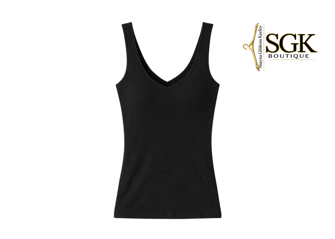 Black tank top on a white background with SGK Boutique logo.