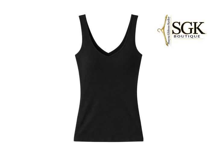 Black tank top on a white background with SGK Boutique logo.