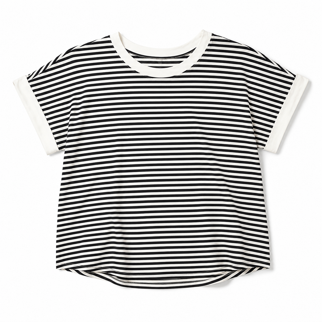 Black and white striped t-shirt on a white background